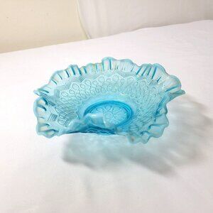 Jefferson Glass Aqua blue Frosted ruffled trim edge loopy spiral pattern vintage